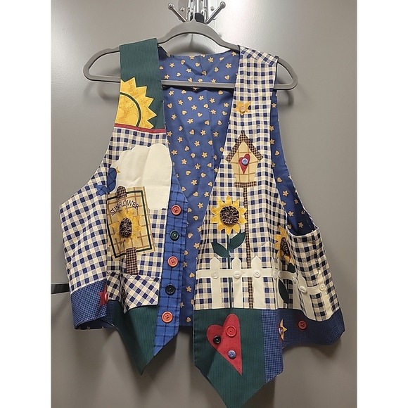 Jackets & Blazers - Vintage Cottagecore Patchwork Vest Sunflower Birdhouse Gingham Blue Artisan Sz L